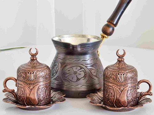 Copper Greek Turkish Coffee Pot Set - Close Up